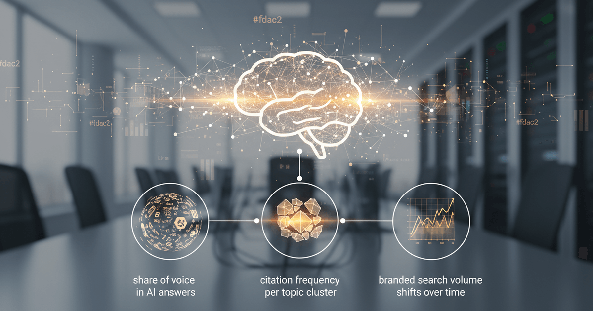 Graph showing trends in brand visibility in AI search with data points for share of voice, citations, and search volume over time