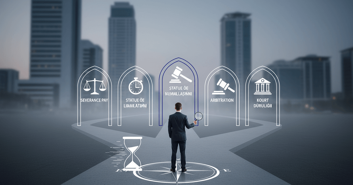 illustration showing five categories of labor law disputes with timelines and mediation icons representing Kocaeli hukuki danışmanlık hizmetleri